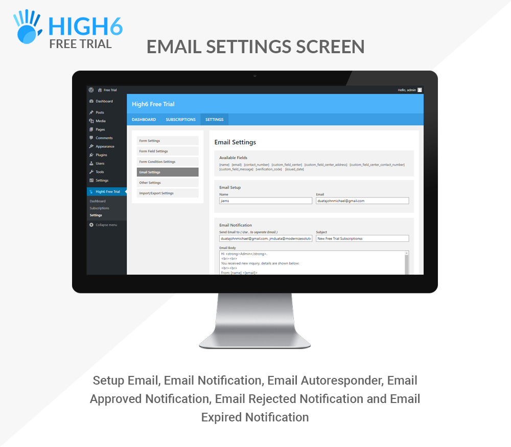 High6 Kostenlose Testversion E-Mail Einstellungen Bildschirm