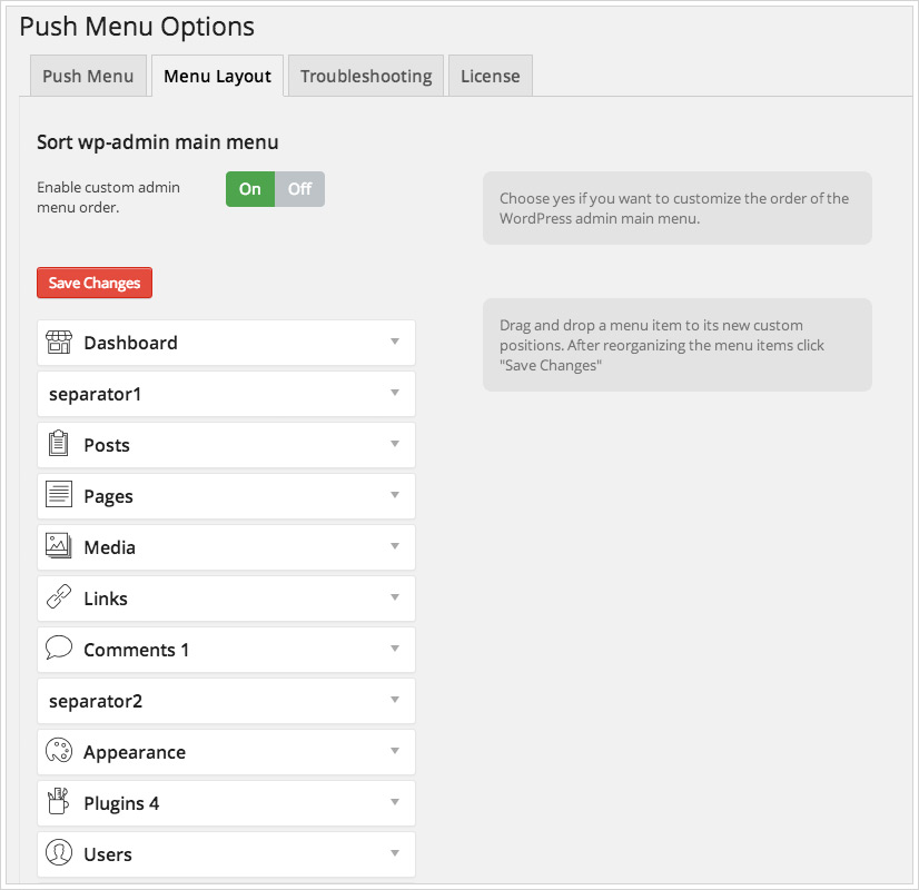 Mehrstufiges Push-Menü - Optionen Menü Layout