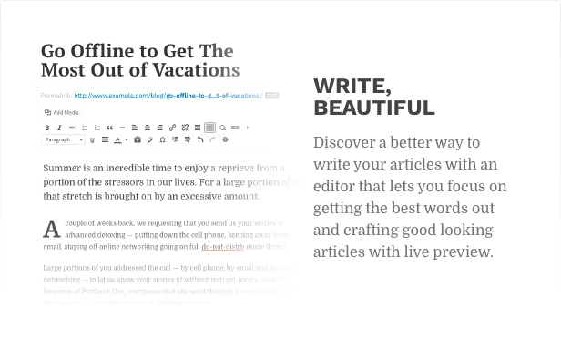 Schreib, schön. Entdecken Sie eine bessere Möglichkeit, Ihre Artikel mit einem Editor zu schreiben, mit dem Sie sich darauf konzentrieren können, die besten Worte zu finden und mit Live-Vorschau gut aussehende Artikel zu erstellen.