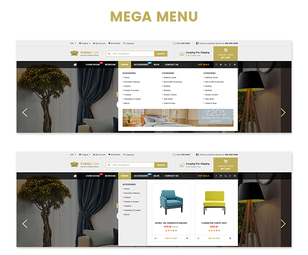 Reaktionsschnelle Möbel WooCommerce WordPress Template - Menü Stile