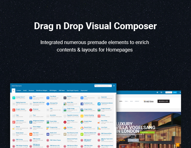 Ziehen Sie Visual Composer per Drag & Drop in das WordPress-Theme für einzelne HouseSang-Eigenschaften