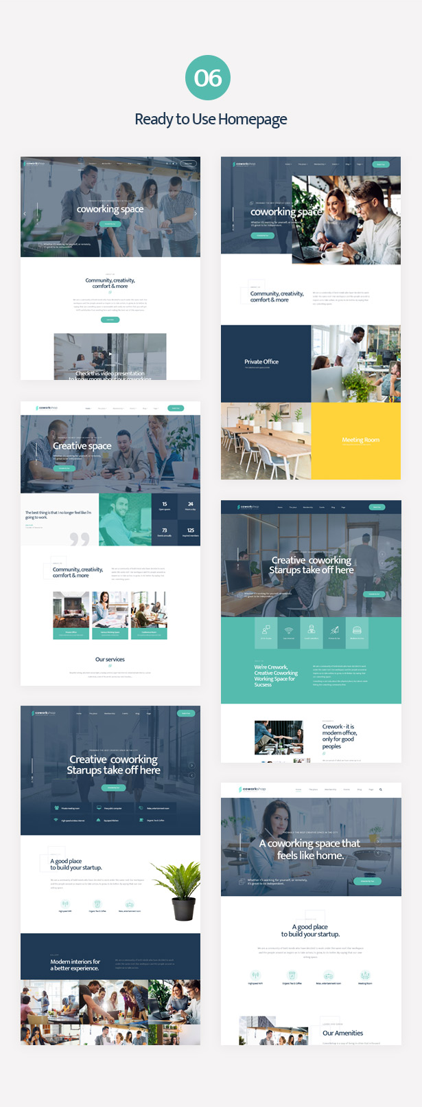 Mehrere einsatzbereite Homepages des Coworkshop Coworking Center WordPress Theme