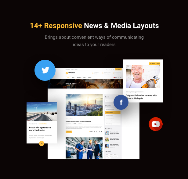 Industrielle Fertigung WordPress Theme - 14+ Responsive News & Media Layouts