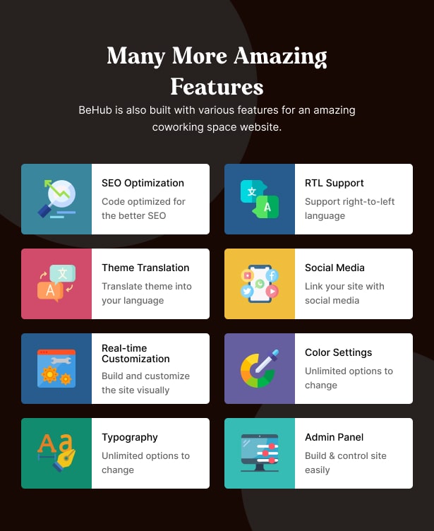 BeHub - Coworking Space WordPress Theme Erstaunliche Funktionen