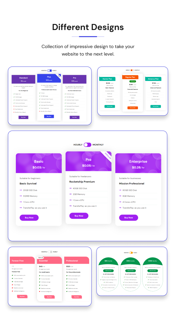 Verschiedene Designs – Essential Pricing Plan Switcher für Elementor