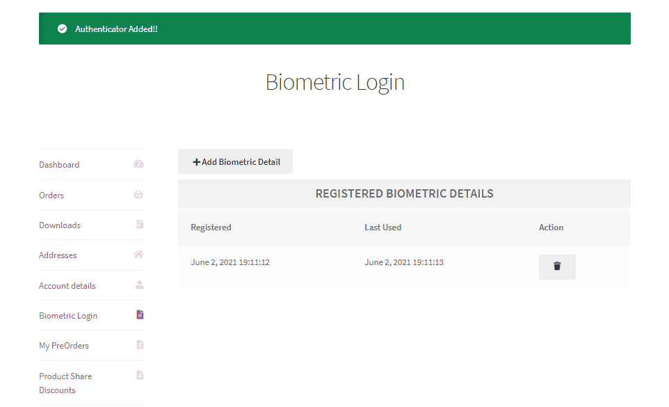 WooCommerce Biometric Login authentifiziert hinzugefügt