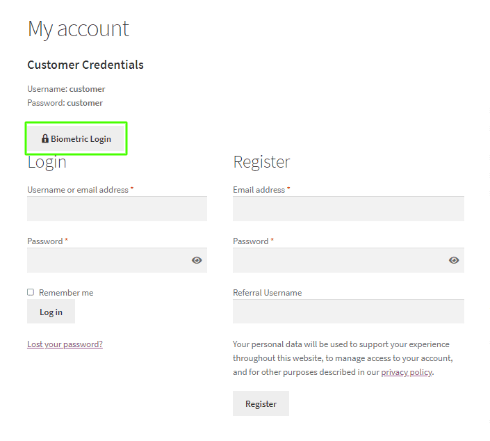 WooCommerce-Schaltfläche für biometrische Anmeldung