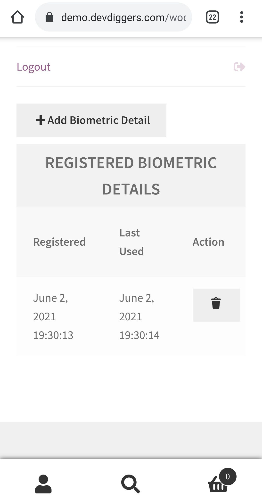 WooCommerce Biometric Login authentifiziert hinzugefügt