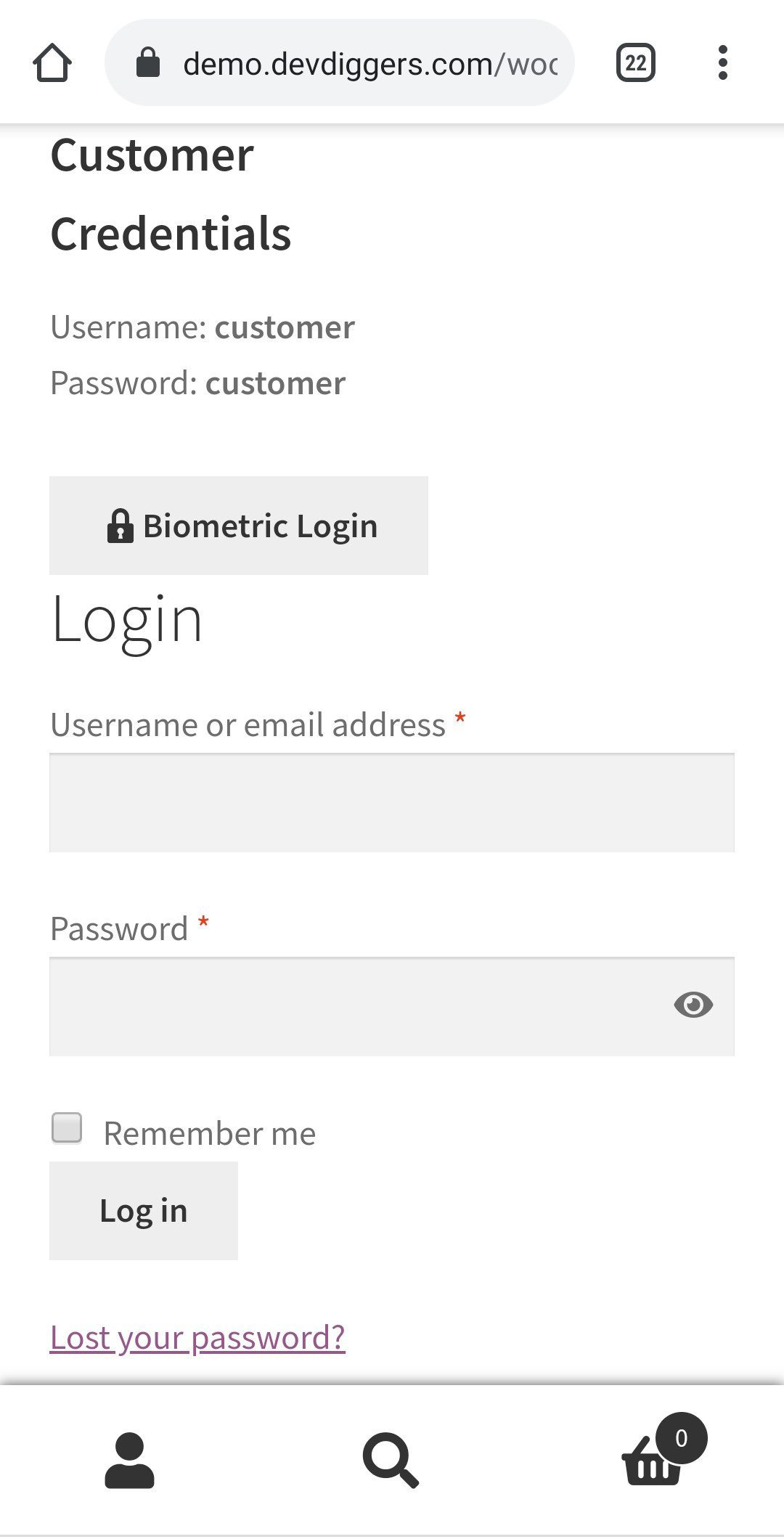 WooCommerce-Schaltfläche für biometrische Anmeldung