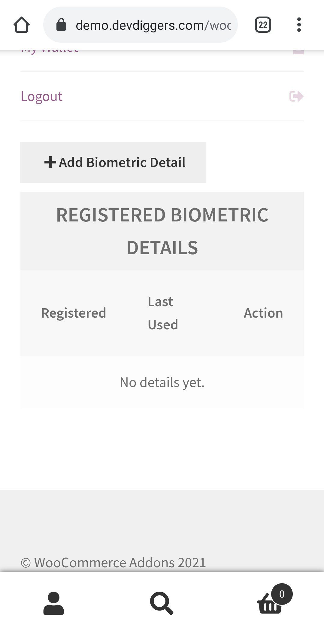 WooCommerce Biometric Login-Seite „Meine Konten“.